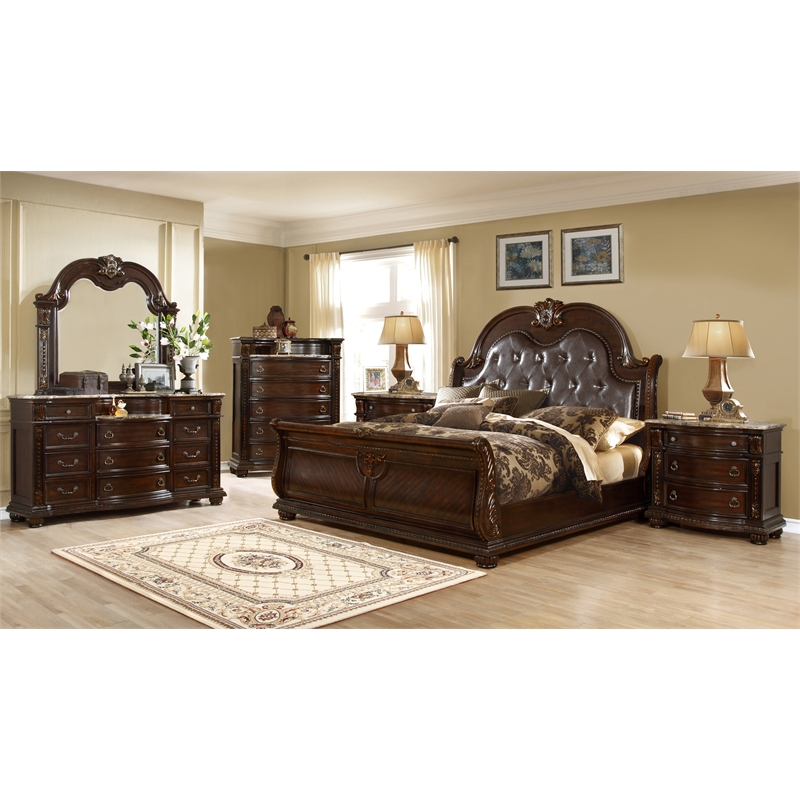 Roma Queen Size Traditional Upholstered Bed made with Wood in Dark Walnut
