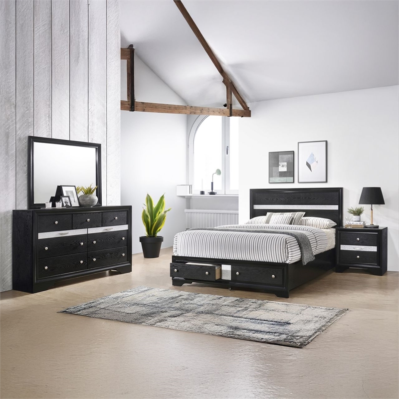 Matrix Traditional Style King 4 PC Storage Bedroom Set in Black made with Wood