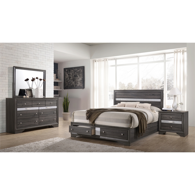 Matrix Traditional Style King 4 PC Storage Bedroom set in Gray made with Wood