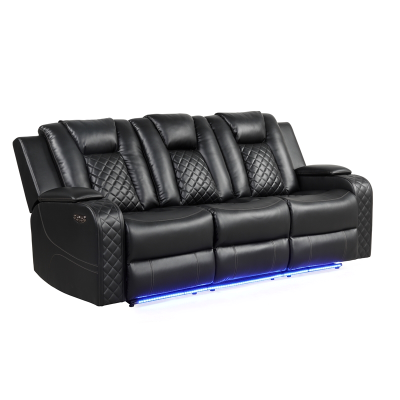 Benz LED & Power Reclining Sofa Made With Faux Leather in Black