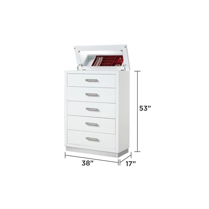 Coco 5-Drawer Modern Wood Chest with Mirror in White