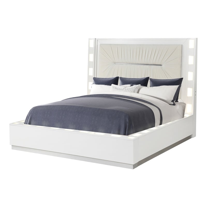 Coco LED Queen Size Bed Made with Wood in Milky White Color