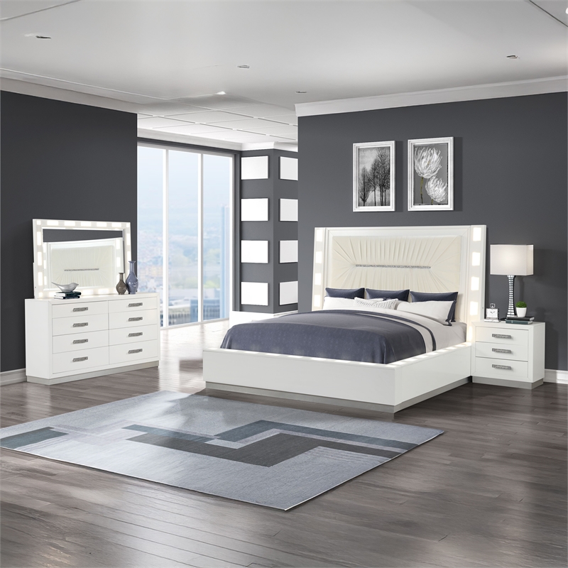 Coco King 4 Pc LED Bedroom Set Made with Wood in Milky White