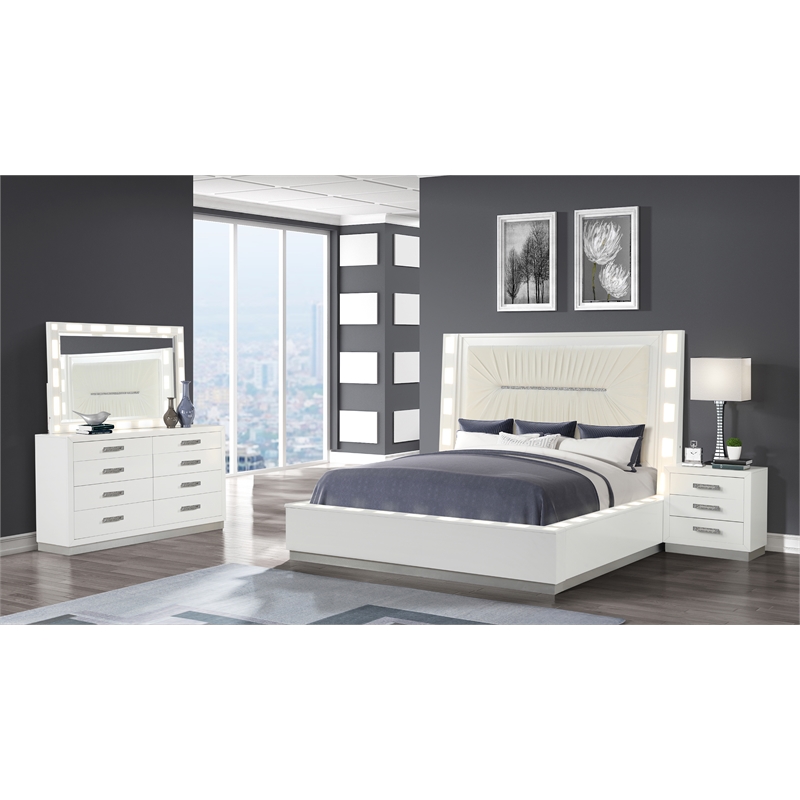 Coco Queen 4 Pc LED Bedroom Set Made with Wood in Milky White
