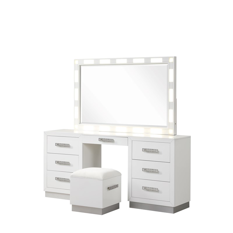 Coco King 4 Pc Vanity LED Bedroom Set Made with Wood in Milky White