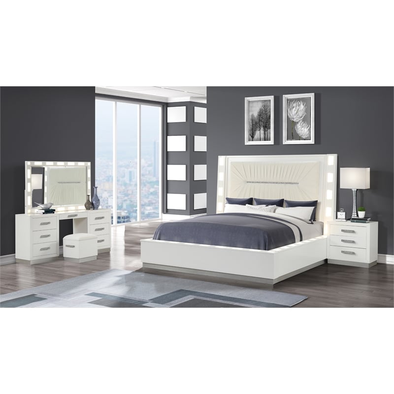 Coco Queen 4 Pc Vanity LED Bedroom Set Made with Wood in Milky White
