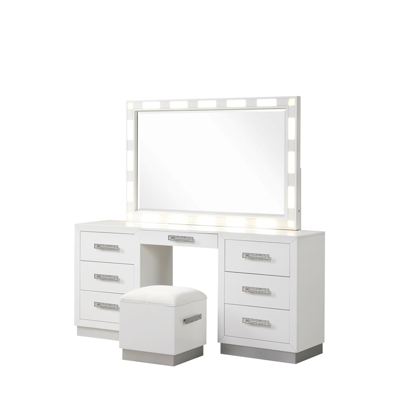 Coco Queen 4 Pc Vanity LED Bedroom Set Made with Wood in Milky White