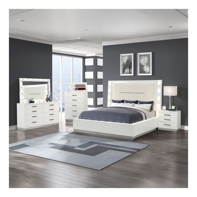 Coco King 5 Pc LED Bedroom Set Made with Wood in Milky White