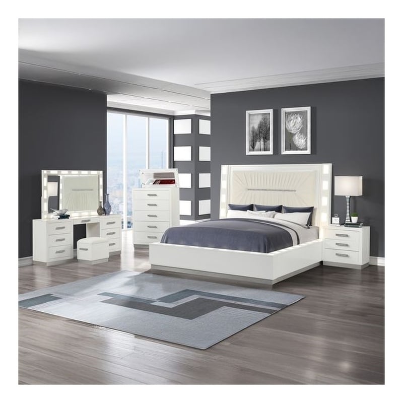 Coco King 5 Pc Vanity LED Bedroom Set Made With Vanity in Milky White