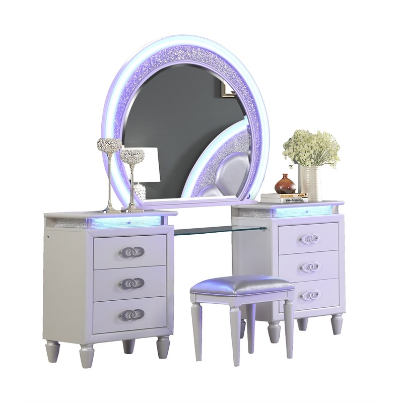 Perla Queen 4 Pc Vanity LED Bedroom Set Made with Wood In Milky White