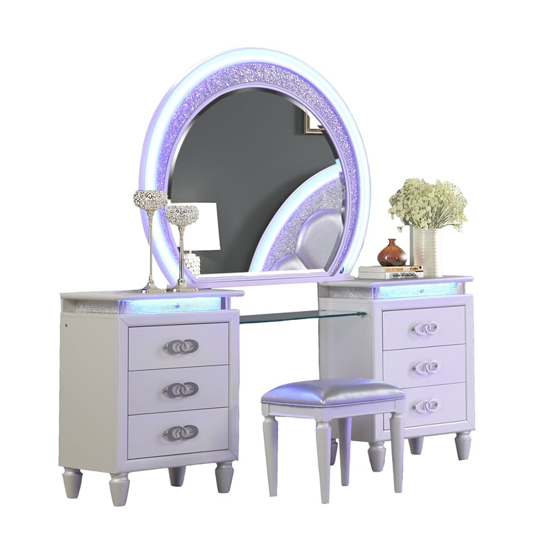 Perla King 4 Pc Vanity LED Bedroom Set Made with Wood In Milky White
