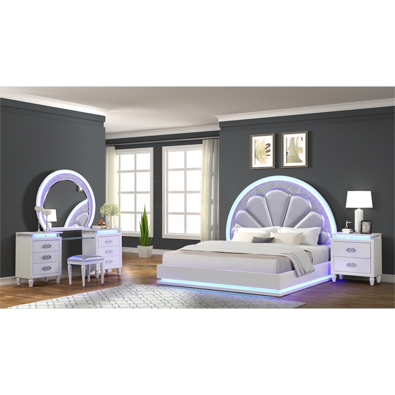Perla King 4 Pc Vanity LED Bedroom Set Made with Wood In Milky White