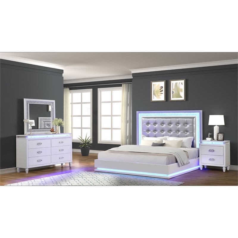Passion 4-Piece Queen LED Bedroom Set in Milky white