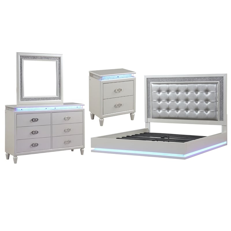 Passion 4-Piece Queen LED Bedroom Set in Milky white