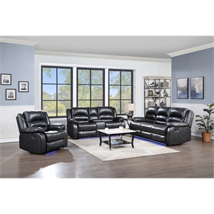 galaxy home martin solid wood living room reclining 3 pc in black with led.