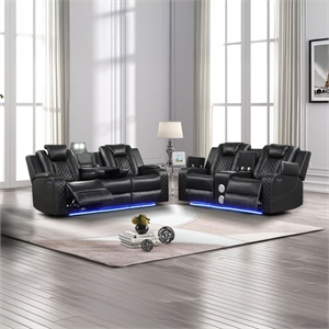 Benz LED & Power Recliner 2 PC Made With Faux Leather in Black