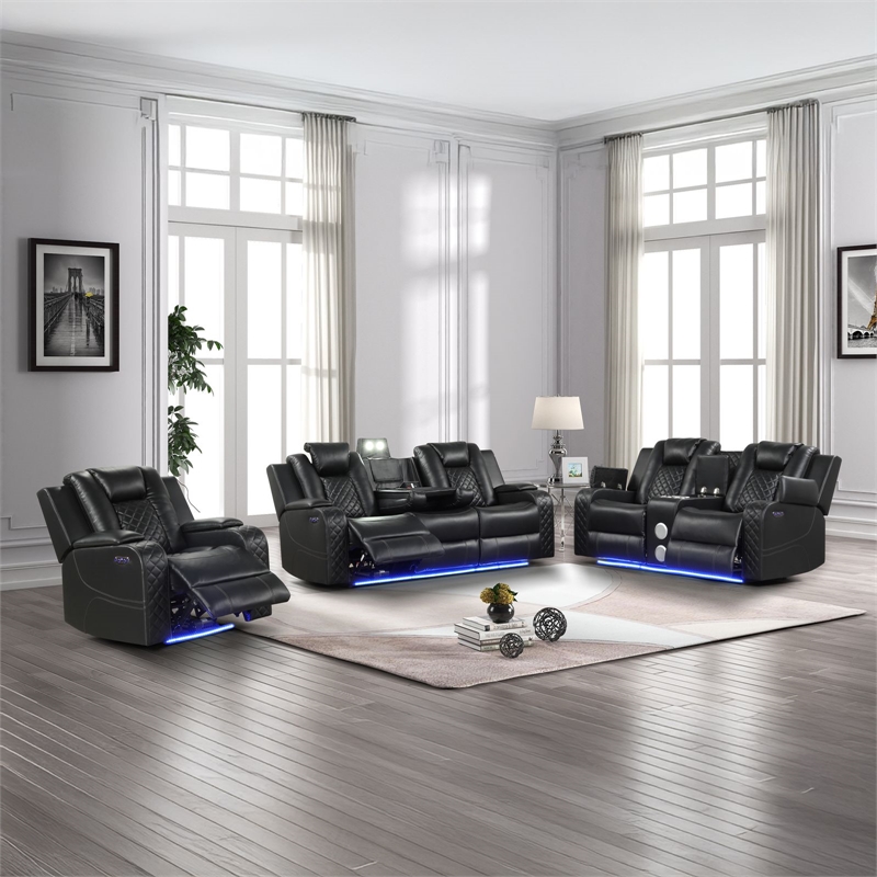 Benz LED & Power Recliner 3 PC Made With Faux Leather in Black