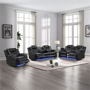 Benz LED & Power Recliner 3 PC Made With Faux Leather in Black