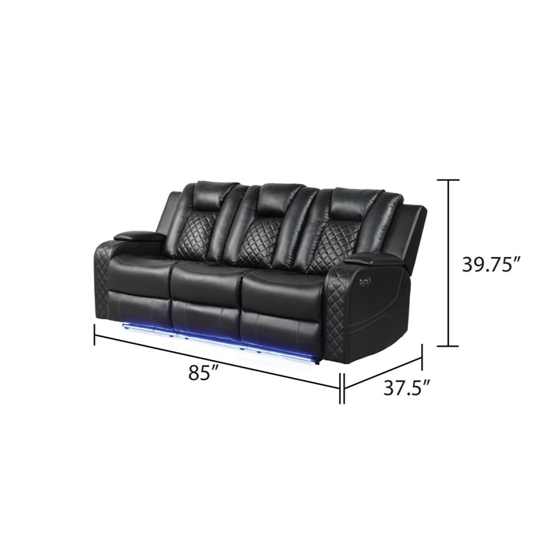 Benz LED & Power Recliner 3 PC Made With Faux Leather in Black