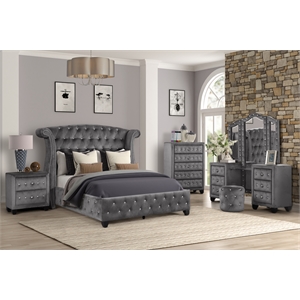 Sophia King 5 Pc Vanity Upholstery Bedroom Set Made With Wood in Gray