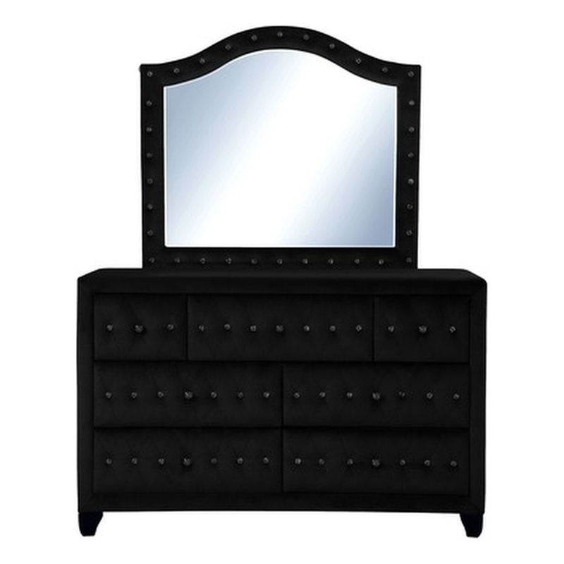 Sophia Crystal Tufted Mirror finished with Wood in Black