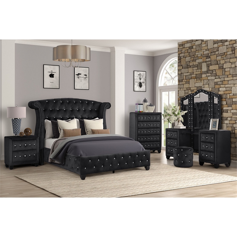 Sophia Crystal Tufted Vanity Set finished with Wood in Black