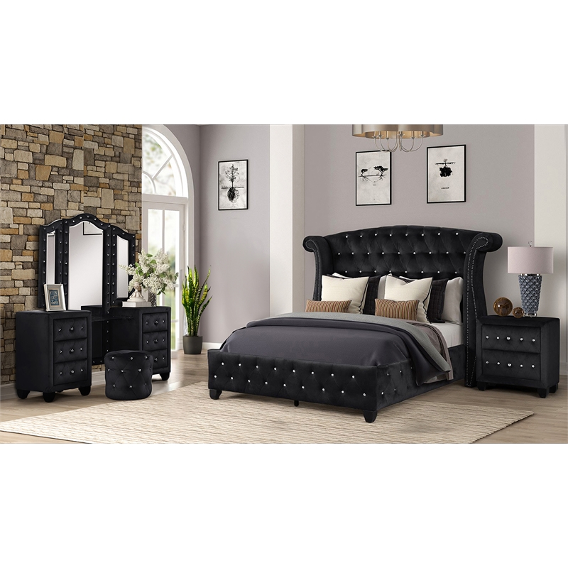 Sophia King 4 Pc Vanity Upholstery Bedroom Set Made With Wood in Black