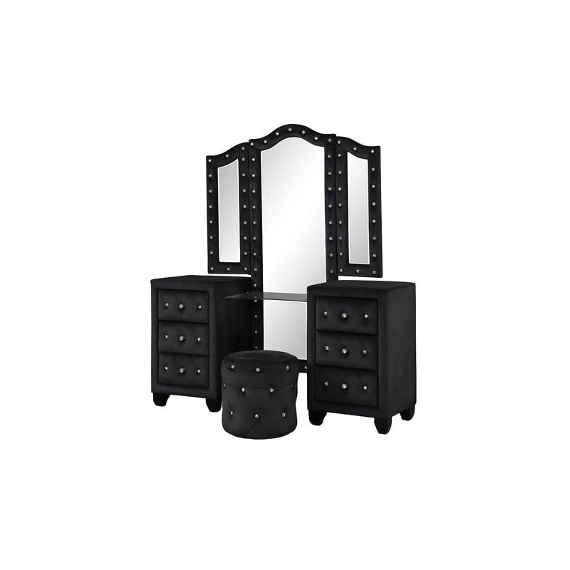 Sophia King 4 Pc Vanity Upholstery Bedroom Set Made With Wood in Black