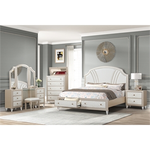 tifany queen 6pc vanity polyurethane bed room set in ivory & champagne gold