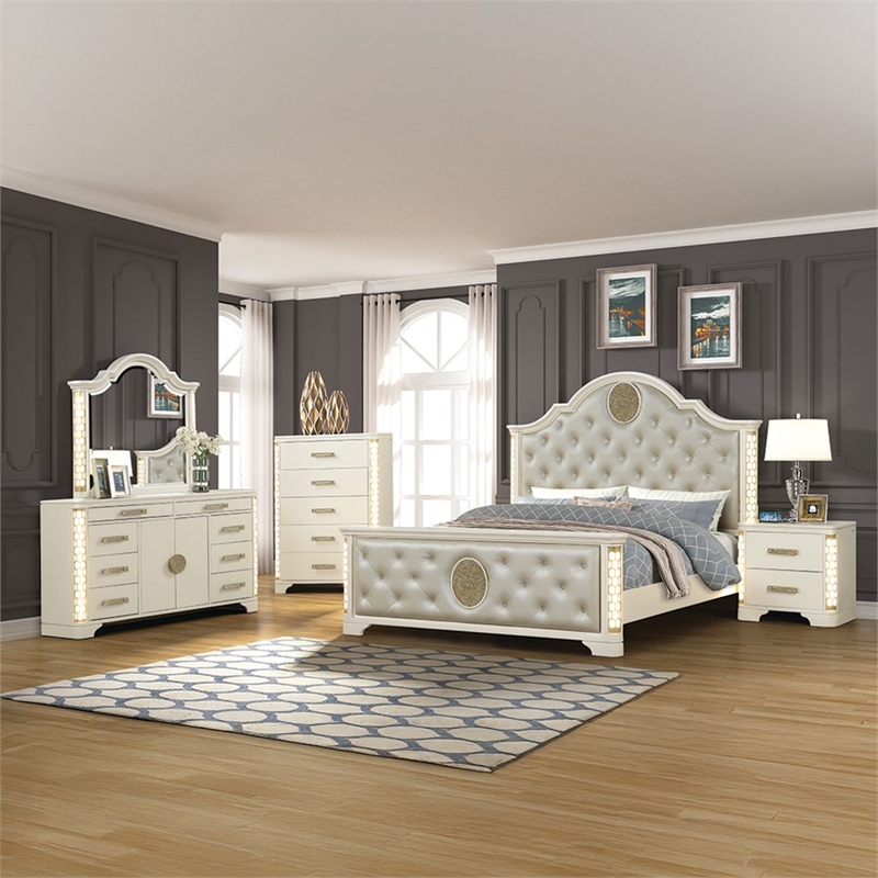 Jasmine Queen 5 Pc Unique LED Bedroom Set made with Wood in Beige