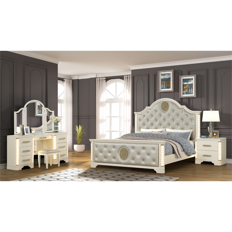 Jasmine King 4 Pc Unique LED Vanity Bedroom Set made with Wood in Beige