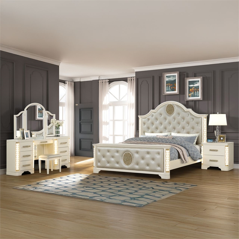 Jasmine King 4 Pc Unique LED Vanity Bedroom Set made with Wood in Beige