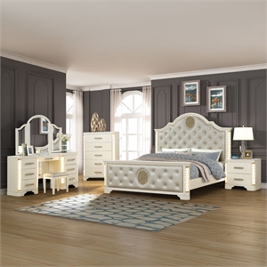 Jasmine King 5 Pc Unique LED Vanity Bedroom Set made With Wood in Beige