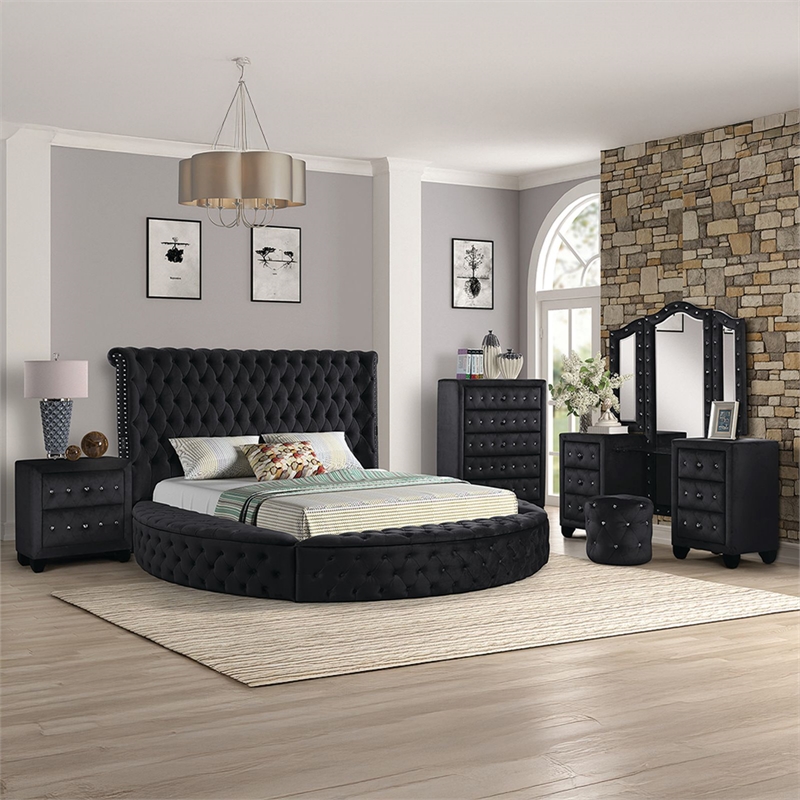 Hazel Modern Style 5-Piece Queen Vanity Bedroom Set made with Wood in Black