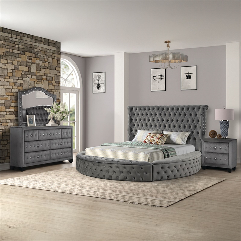 Hazel Queen 4 Pc Tufted Upholstery Bedroom Set Made with Wood In Gray