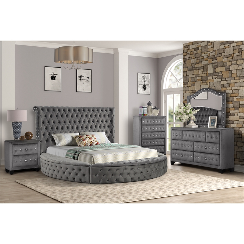 Hazel Queen 5 Pc Tufted Upholstery Bedroom Set Made with Wood In Gray