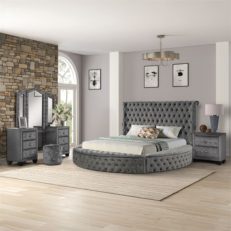 Hazel Modern Style 4-Piece King Vanity Bedroom Set made with Wood in Gray