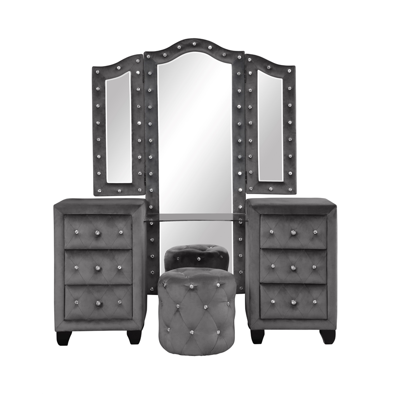 Hazel Modern Style 4-Piece King Vanity Bedroom Set made with Wood in Gray