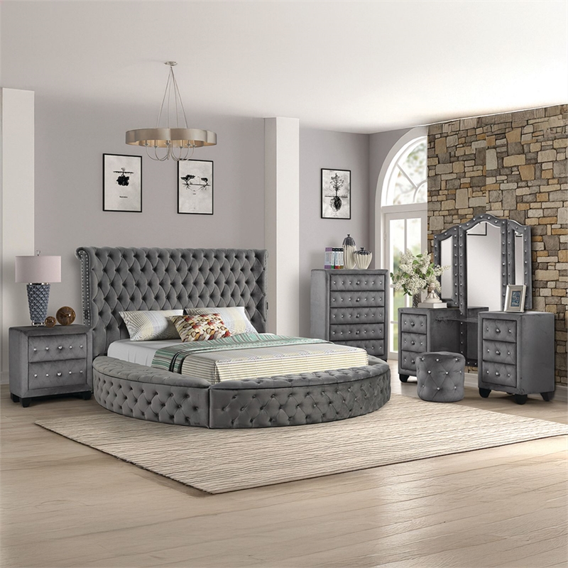 Hazel Modern Style 5-Piece Queen Vanity Bedroom Set made with Wood in Gray