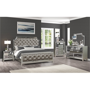harmony queen 6 pc mirror front bedroom set made with solid wood in silver color