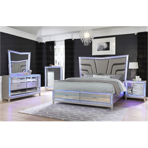 luxury mirror front queen 4 pc storage bedroom set in silver made with mdf wood