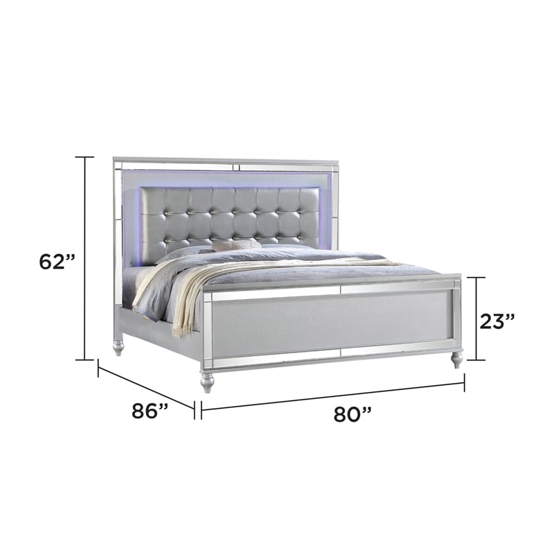 Sterling King Size Upholstery LED Bed made with wood in Silver Color