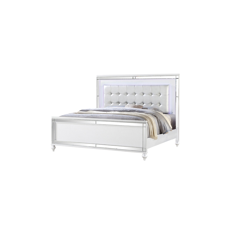 Sterling King Size Upholstered LED Bed made with wood in White Color