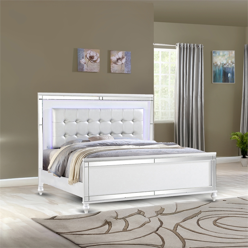 Sterling King Size Upholstered LED Bed made with wood in White Color
