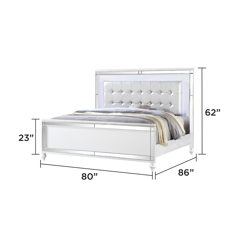 Sterling King Size Upholstered LED Bed made with wood in White Color
