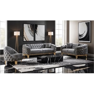 Vanessa 3 Piece Living Room Set Made With Velvet Upholstery in Gray
