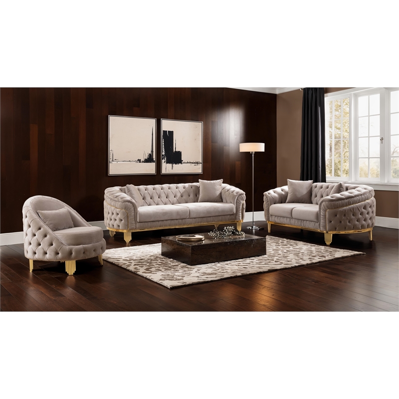 Vanessa 3 Piece Living Room Set Finished with Velvet Upholstery in Taupe