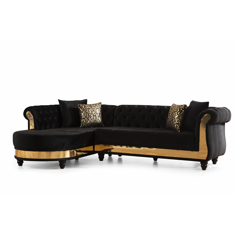 Julia Gold Detailed Tufted Upholstery Sectional made with Wood In Black
