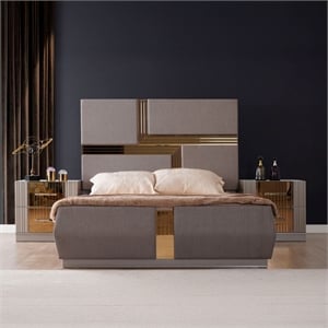 Lorenzo Modern Gold Detailed Tufted King Bed made with Wood in River Sand Gray