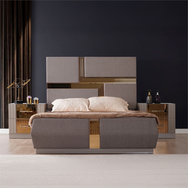 Lorenzo Gold Detailed Tufted Queen Bed made with Wood in River Sand Gray